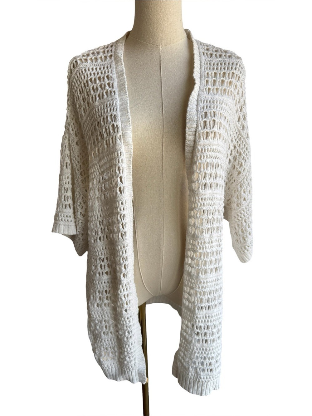 Kismet Open Knit Cotton Cardigan Sz M White Slouchy Open Front Spring Sweater